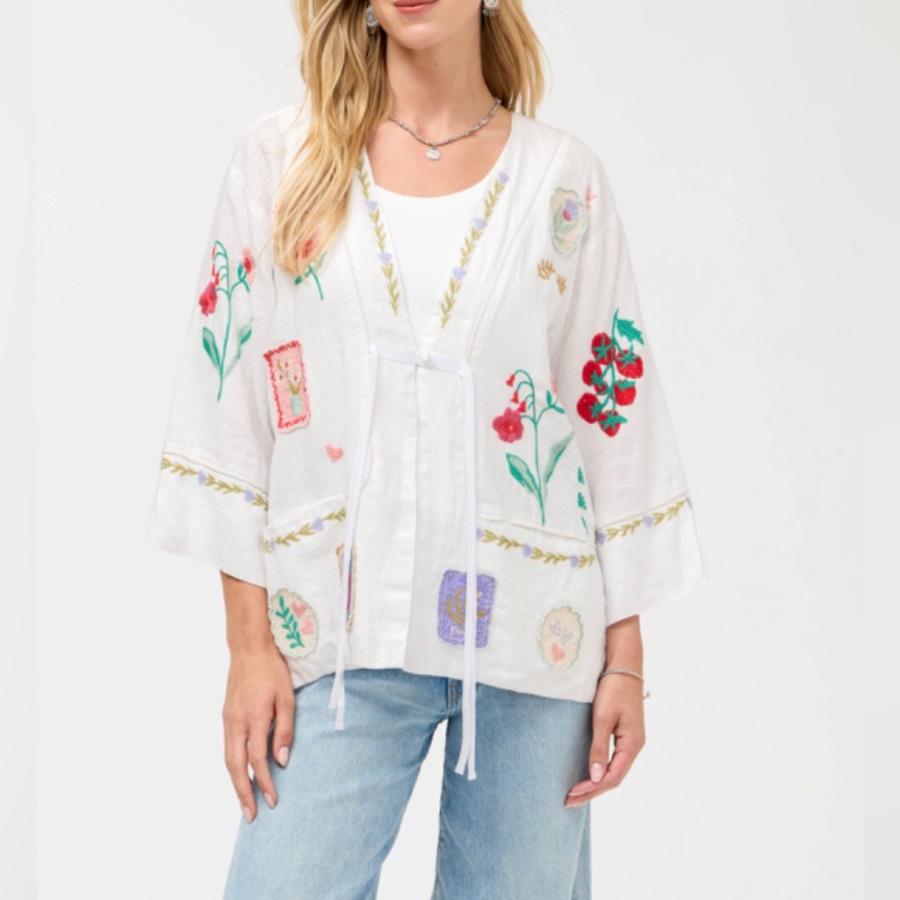 Johnny Was White Embroidered Tie-Front Linen Kimono Top. S. NWT.